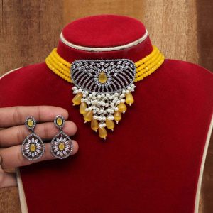 Yellow Color American Diamond Choker Necklaces Set-0
