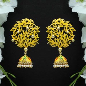 Yellow Color Beads Meenakari Earrings-0