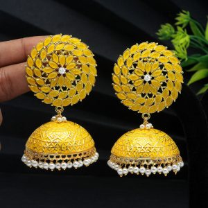 Yellow Color Big Jhumka Meenakari Earrings-0