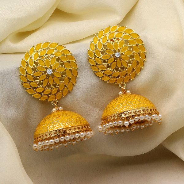 Yellow Color Big Jhumka Meenakari Earrings-3569
