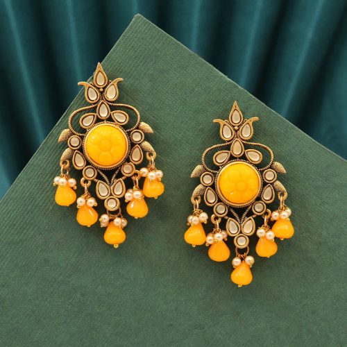 Yellow Color Carving Stone Antique Earrings