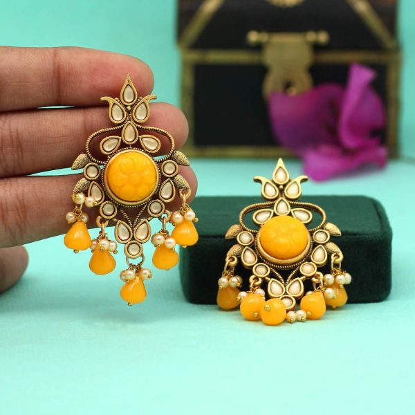 Yellow Color Carving Stone Antique Earrings-14478