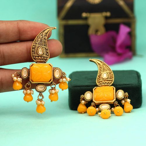 Yellow Color Carving Stone Antique Earrings