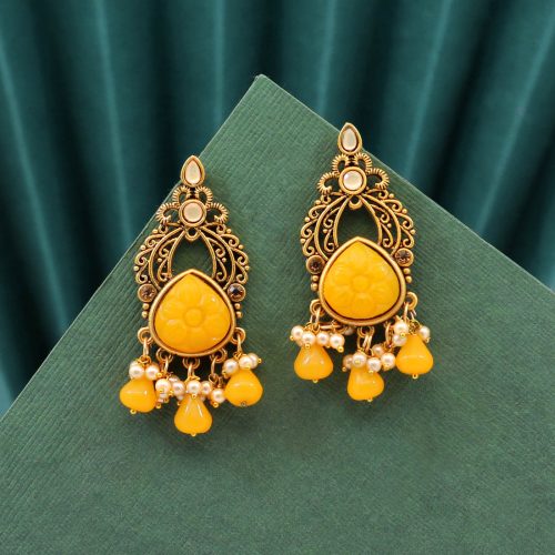 Yellow Color Carving Stone Antique Earrings