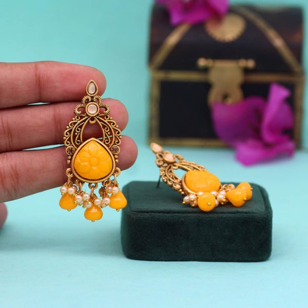 Yellow Color Carving Stone Antique Earrings-14061