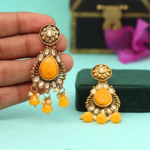 Yellow Color Carving Stone Antique Earrings-0