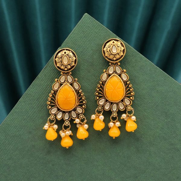 Yellow Color Carving Stone Antique Earrings-14093