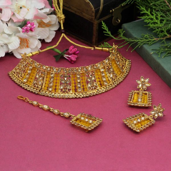 Yellow Color Choker Kundan Polki Necklace Set-0