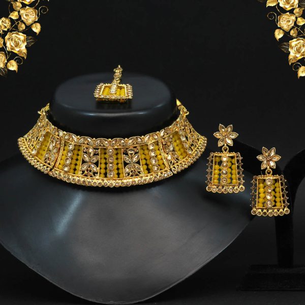 Yellow Color Choker Kundan Polki Necklace Set-4871