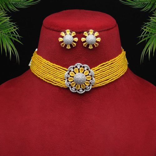 Yellow Color Choker Premium American Diamond Necklace Set