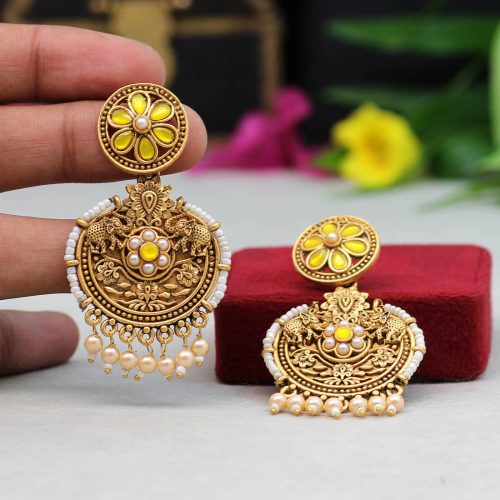 Yellow Color Colorful Kundan Antique Earrings