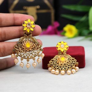 Yellow Color Colorful Kundan Antique Earrings-0