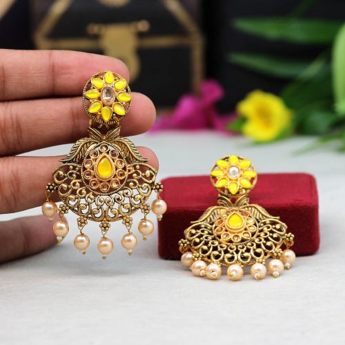 Yellow Color Colorful Kundan Antique Earrings