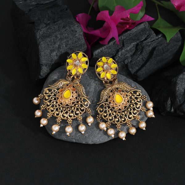 Yellow Color Colorful Kundan Antique Earrings-14584