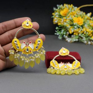 Yellow Color Hand Painted Kundan Meenakari Earrings-0