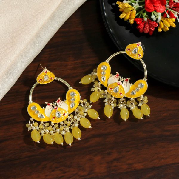 Yellow Color Hand Painted Kundan Meenakari Earrings-4923