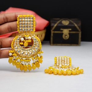 Yellow Color Kundan Earrings-0