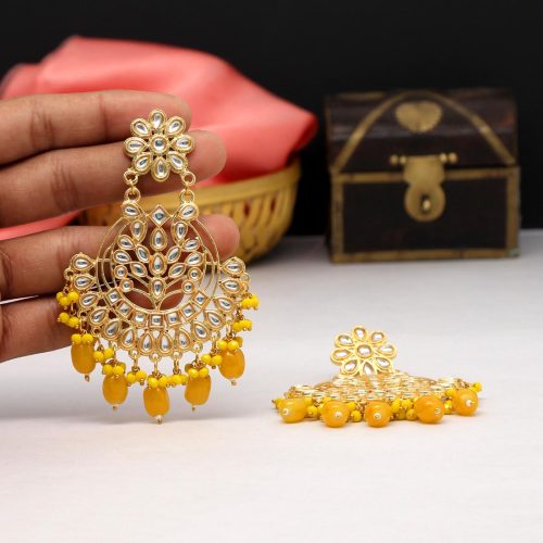 Yellow Color Kundan Earrings