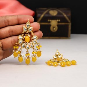 Yellow Color Kundan Earrings-0