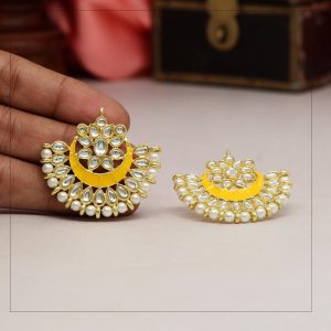 Yellow Color Kundan Meena Earrings-0