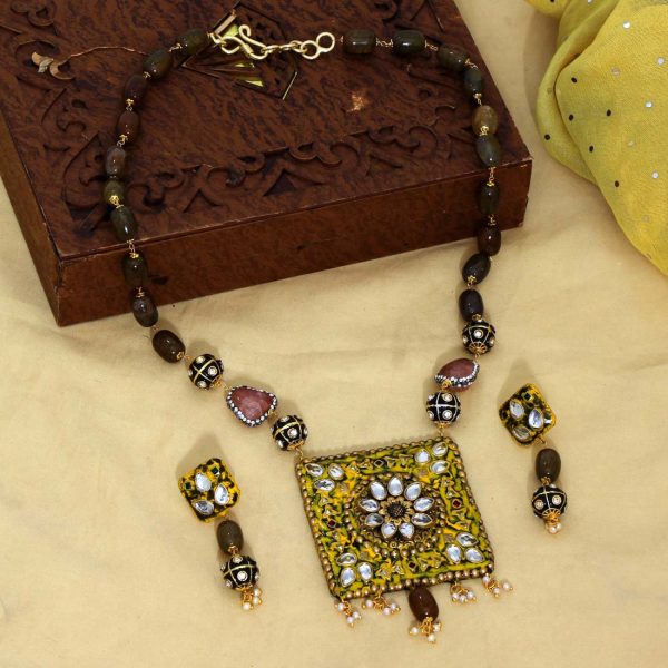 Yellow Color Kundan Meena Necklace Set-0