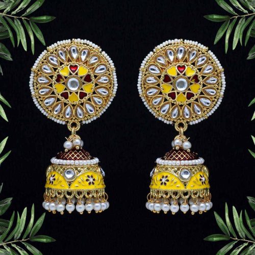 Yellow Color Kundan Meenakari Earrings