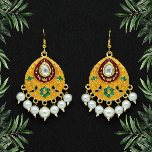 Yellow Color Kundan Meenakari Earrings