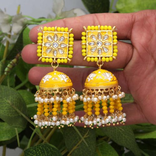 Yellow Color Kundan Meenakari Earrings