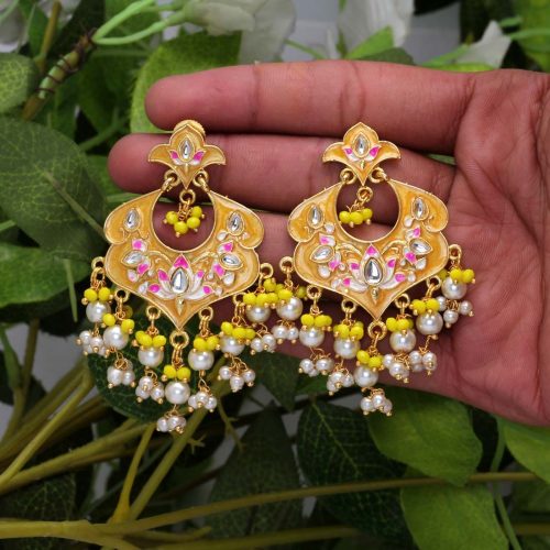 Yellow Color Kundan Meenakari Earrings