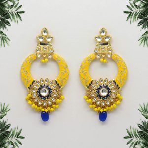 Yellow Color Kundan Meenakari Earrings-0