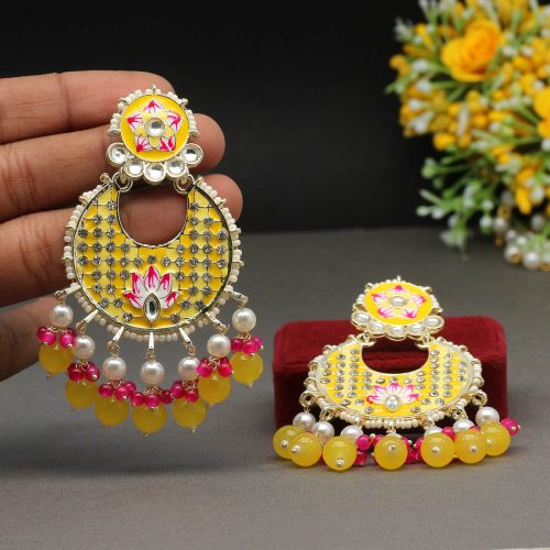 Yellow Color Kundan Meenakari Earrings