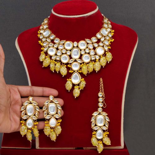 Yellow Color Kundan Meenakari Necklace Set