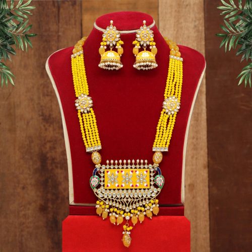 Yellow Color Kundan Meenakari Necklace Set