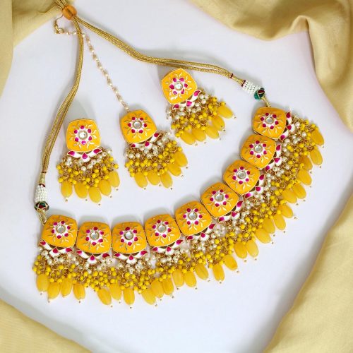 Yellow Color Kundan Meenakari Necklace Set