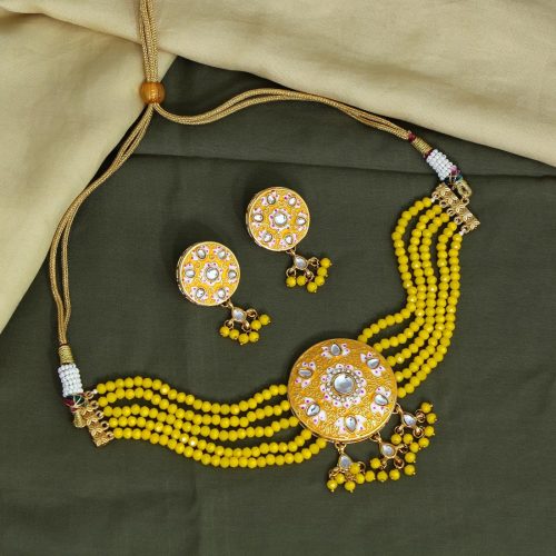 Yellow Color Kundan Meenakari Necklace Set