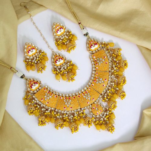 Yellow Color Kundan Meenakari Necklace Set