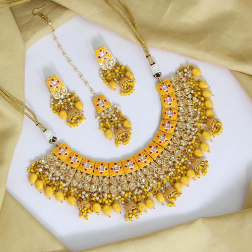 Yellow Color Kundan Meenakari Necklace Set