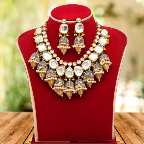 Yellow Color Kundan Meenakari Necklace Set