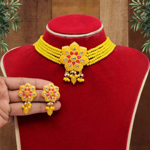 Yellow Color Kundan Meenakari Necklace Set