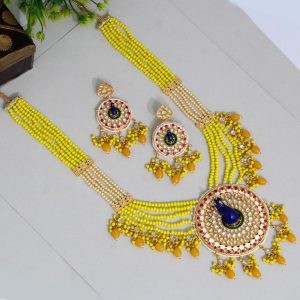 Yellow Color Kundan Meenakari Necklace Set-0