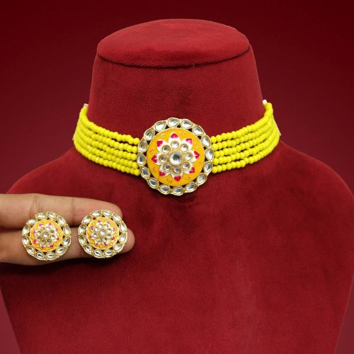 Yellow Color Kundan Meenakari Necklace Set