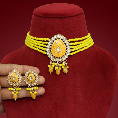 Yellow Color Kundan Meenakari Necklace Set