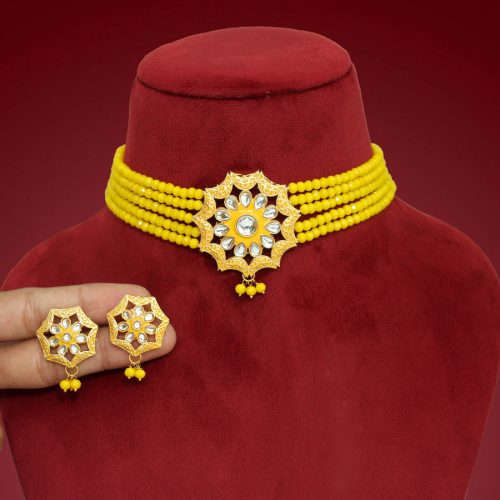 Yellow Color Kundan Meenakari Necklace Set