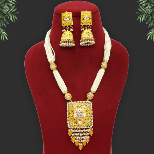 Yellow Color Kundan Meenakari Necklace Set